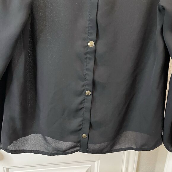 Tea N Rose Black Sheer Faux Back Button Long Sleeve Top Boho Womens Size M - Picture 7 of 8